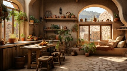 Fototapeta na wymiar b'Cozy Kitchen With Plants And A View'