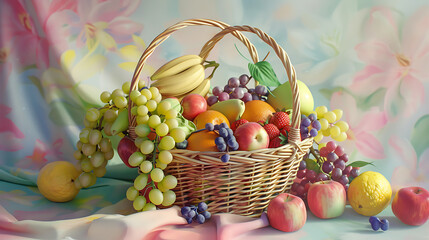 Pastel Harvest A vibrant 3D-rendered image of a fruit basket filled with glossy, candy-colored bananas, grapes, apples, and strawberries, set against a soft pastel gradient background - obrazy, fototapety, plakaty