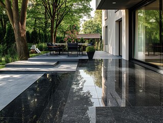 cosy outdoor terrace made of natural stone tiles of granite magmatite in a modern house