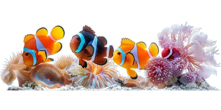 b'Clownfish and anemones isolated on a white background'