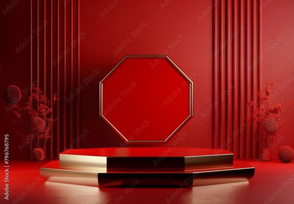 Poster create hyper-realistic luxury product display on sony a6100 with red theme, octagon podium, clean ba