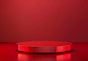 Create hyper-realistic luxury product display on Sony A6100 with red theme, octagon podium, clean background, front view, no products shown. - obrazy, fototapety, plakaty