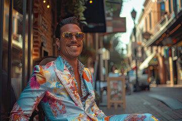 Fototapeta premium A man in a floral suit is smiling and sitting on a sidewalk. Generative AI.