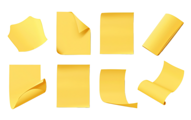 Collection of sticky yellow paper note stickers isolated on white or transparent background