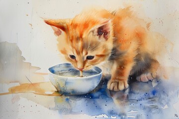 Adorable watercolor of a playful kitten drinking milk from a bowl.