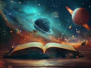 open book of knowledge about space - obrazy, fototapety, plakaty