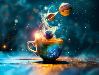 cup of coffee with steam in the form of planets - obrazy, fototapety, plakaty