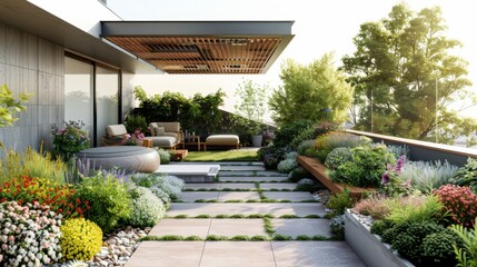 A beautiful garden with a patio area with a hot tub and a bench