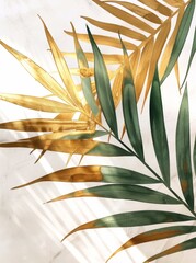 A minimalist composition of a gold and green palm frond casting shadows on watercolor paper, evoking tranquility and natural beauty.