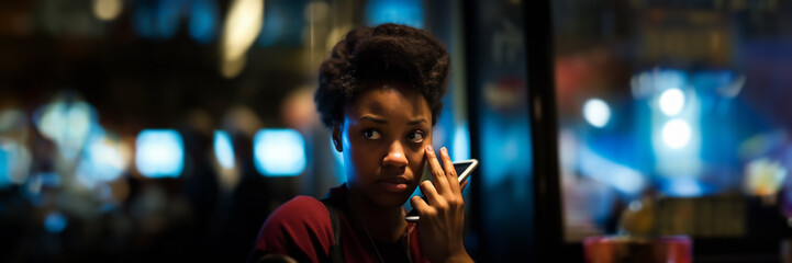 Young Black woman on a call at night, surrounded by city lights, wearing a maroon top, looking concerned.