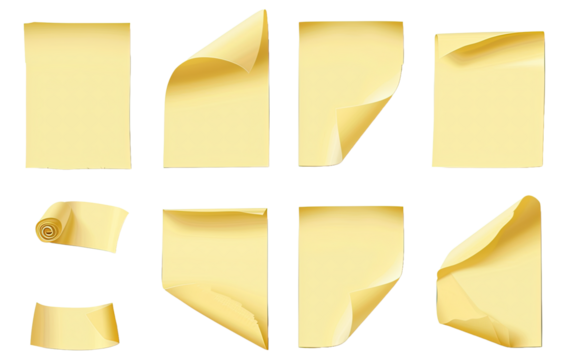 Collection of sticky yellow paper note stickers isolated on white or transparent background