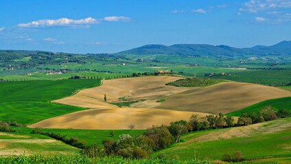 panorama of the Tuscan countryside in the Val d'Orcia in the province of Siena, Italy
