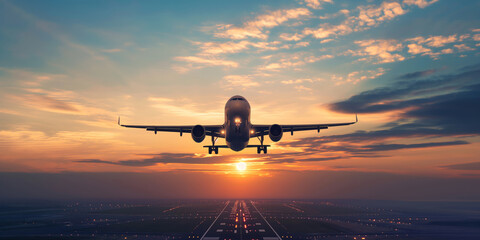 airplane during takeoff at sunset