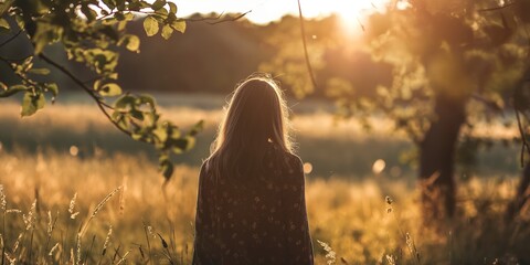 a young woman watches the sunrise over a field in the morning