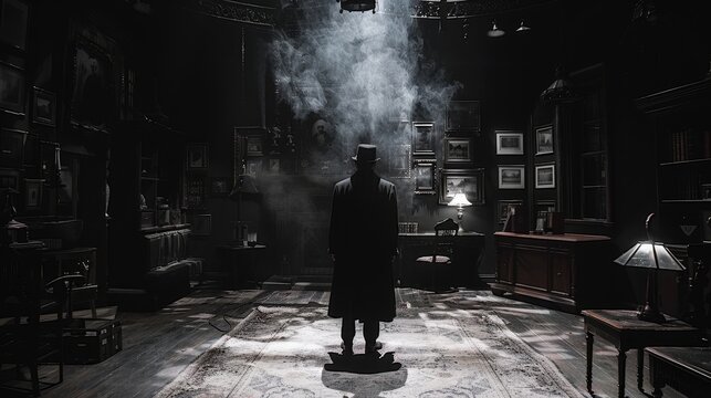 A stage play set in a Victorian parlor where the detective reveals the true identity of a specter using a gaslamp to expose the figures shadow