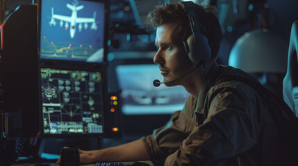 An engineer of unmanned aviation. A man with headphones is sitting in front of a computer monitor