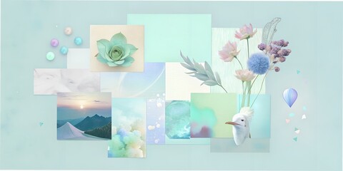 collage texture photo fonts pastel tones botanical plants flower green business card, planner, diary, opening, letter blue bird