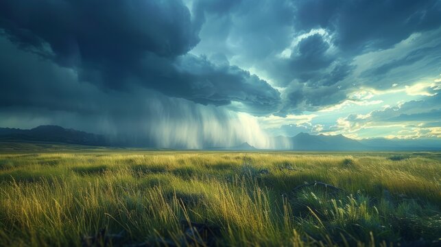 Explore the intersection of calm and turmoil in this mesmerizing nature tableau,  where a serene sunny vista meets the tumultuous onset of a thunderous storm