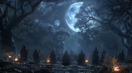 A group of witches gather in a moonlit forest clearing each one holding a different ingredient as they prepare to add it to a shared . .