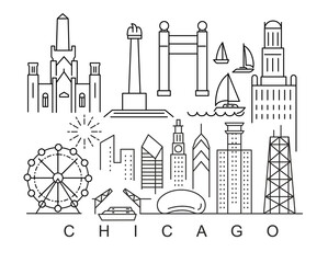 Chicago minimal style City Outline Skyline with Typographic. Vector cityscape with famous landmarks. Illustration for prints on bags, posters, cards.