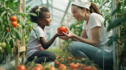 Mother and Child Harvesting Tomatoes