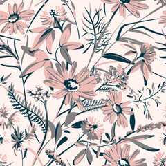 Seamless pattern with flowers - Chamomilla, Clover, Achillea Millefolium and grass isolated on the pink background. Hand-drawn illustrations of wildflowers.