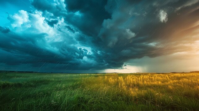 Behold the stark contrast of weather patterns in this breathtaking landscape,  with clear blue skies on one side and brooding storm clouds on the other