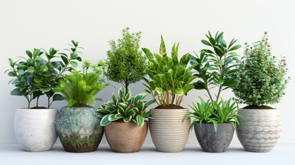 A row of potted plants with different sizes and shapes