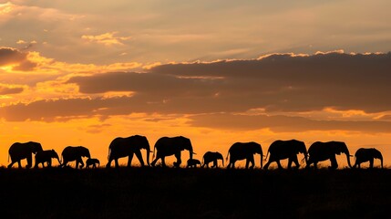 Obraz premium Elephant Herd Roaming the Serengeti Plains at Golden Hour