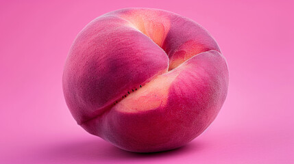 A peach is shown in a close up on a pink background