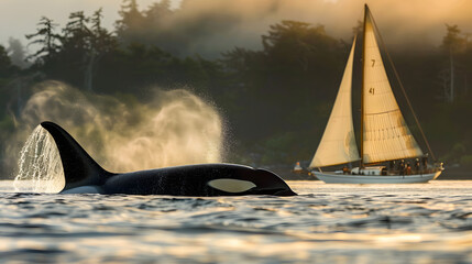 Fototapeta premium Killer whale or Orca whale breaking the surface with a sailboat in the background.