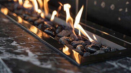 The flames dance gracefully within the black marble fireplace creating a mesmerizing display. 2d flat cartoon.