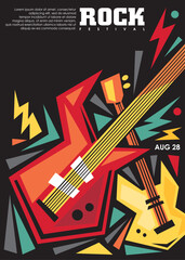 Rock festival colorful poster design idea with electric guitars and various design elements. Music concert funky style invitation or flyer template. Vector illustration for musical party.