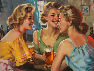 Three women are sitting at a bar, laughing and drinking beer. The painting is a vintage piece, with a blue and white background - obrazy, fototapety, plakaty