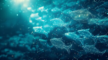 A digital artwork depicting a school of fish swimming through cloud data illustrating the concept of datadriven strategies in business