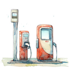 Minimalistic watercolor illustration of electric motors charger station on a white background, cute and comical, with empty copy space.