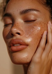 Woman applying facial serum drops skin adult cosmetics.