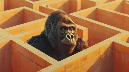 A conceptual video art piece showing a gorilla navigating a maze made of cubicle walls critiquing the often labyrinthine nature of corporate structures - obrazy, fototapety, plakaty