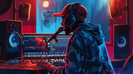 A man is sitting in front of a computer with a microphone and headphones on. He is recording music - obrazy, fototapety, plakaty