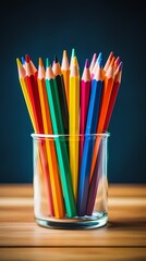 Fototapeta premium School Desk with Colorful Pencils, Glasses, Chalkboard in Background