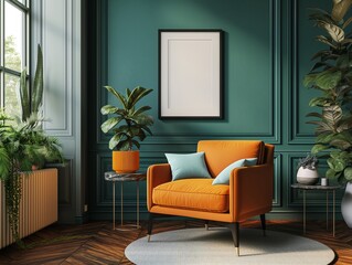 Classic Teal Living Room with Orange Accent Chair