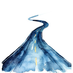 Minimalistic watercolor illustration of a road or highway on a white background, cute and comical, with empty copy space.