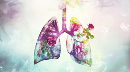 A colorful drawing of a lung with a rose and tree on it - obrazy, fototapety, plakaty