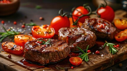 Tasty succulent grilled fillet steak with tomatoes and vegetables on wooden board. AI generated