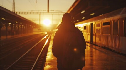 Silhouette of a man standing on a train platform as the sun rises. - obrazy, fototapety, plakaty