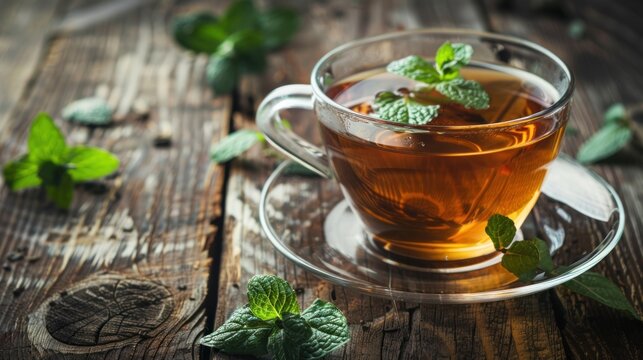 A cup of hot tea drink with fresh mint herbs leaves. Generated AI image