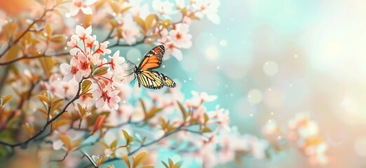 Beautiful spring nature background with a butterfly on a blooming tree branch and flowers