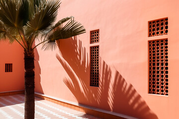 Terracotta earthen building with a figured lattice on a sunny day with contrasting shadows from palm leaves