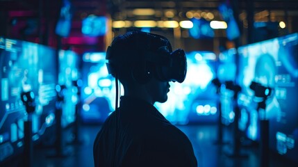 The image shows a person wearing a virtual reality headset.