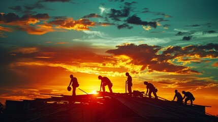 The silhouette of a crew of roofers working on a roof at sunset.